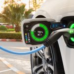 Electric vehicle changing on street parking with graphical user interface, Future EV car concept